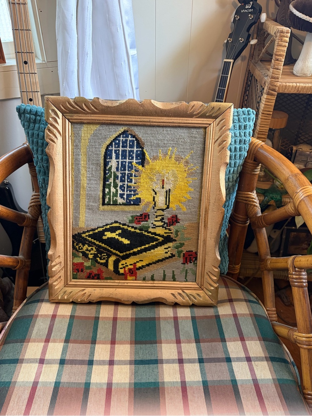 Vintage Gold Framed Religious Needlepoint Bible Christian Wall Art Decor ornate